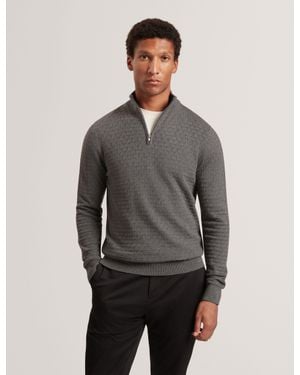Ted Baker Jeremee Branded Texture Zip Neck Jumper - Grey