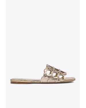 Ferragamo Erne Logo Monogram Metallic Leather Sandals - White
