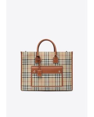 Burberry Medium Freya Checked Tote Bag - Natural