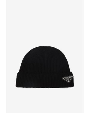 Prada Triangle Logo Cashmere Beanie - Black
