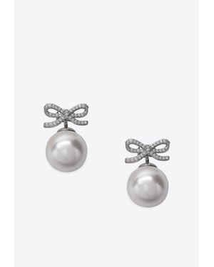 Self-Portrait Crystal Bow Pearl Stud Earrings - Metallic