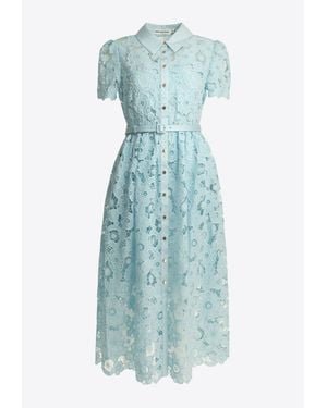 Self-Portrait Floral Lace Belted Midi Dress - Blue