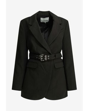 Ganni Belted Crepe Tailored Blazer - Black