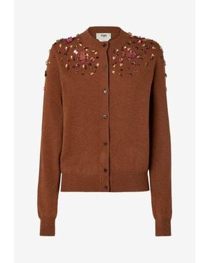 Fendi Embellished Wool-Blend Cardigan - Brown