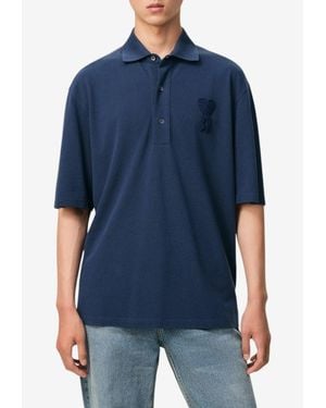 Ami Paris Ami De Coeur Knitted Patch Polo T-Shirt - Blue