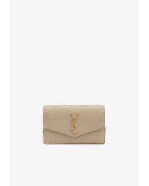 Saint Laurent Uptown Grain De Poudre Leather Chain Clutch - White