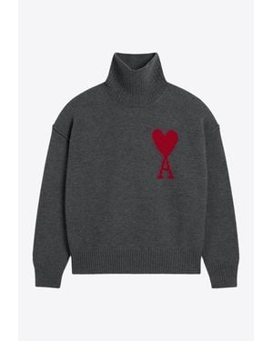 Ami Paris Ami De Coeur Turtleneck Wool Sweater - Gray