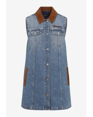 Versace Denim Mini Dress With Embroidered-Logo - Blue