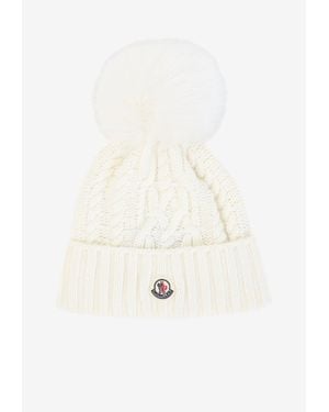 Moncler Cable Knit Pompom Logo Beanie - Natural