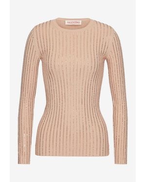 Valentino Crystal-Embellished Long-Sleeved Top - Natural
