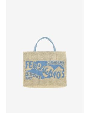 SALVATORE FERRAGAMO Camel Raffia Small Tt Sign Shopping Bag SALVATORE FERRAGAMO Camel Raffia Small Tt Sign Shopping Bag