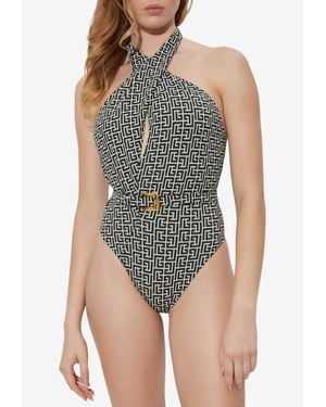 Balmain Monogram Jacquard Halterneck One-Piece Swimsuit - Blue