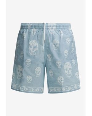 McQueen Skull Print Swim Shorts - Blue