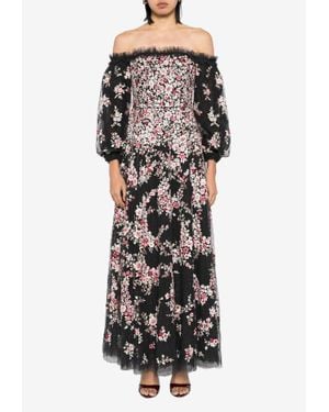 Needle & Thread Lunaria Wreath Off-Shoulder Floral Gown - Black