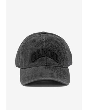 Ganni Logo Embroidered Faded Denim Cap - Black