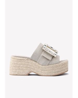 Roger Vivier 85 Crystal Buckle Espadrille Platform Sandals - Natural