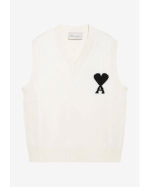 Ami Paris Intarsia Knit Ami De Coeur Sweater Vest - Natural