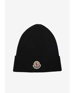 Moncler Logo Patch Ribbed Wool Beanie - Black