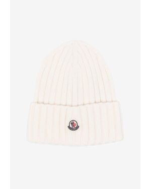 Moncler Logo Patch Ribbed Wool Beanie - Natural