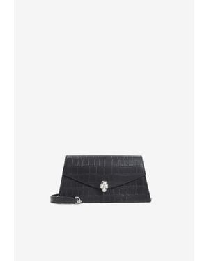 McQueen Mini Skull Croc-Embossed Leather Shoulder Bag - White