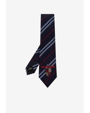 Fendi Crest Motif Striped Silk Tie - Blue