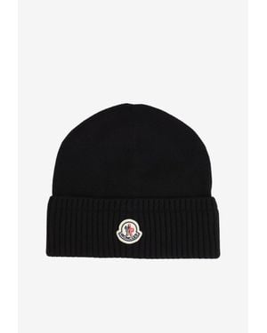 Moncler Logo Patch Ribbed Wool Beanie - Black