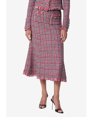 Self-Portrait Check Tweed Fringed Midi Skirt - Red