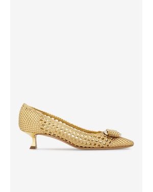 Ferragamo Kitten Heel Pump With New Vara Plate - Natural