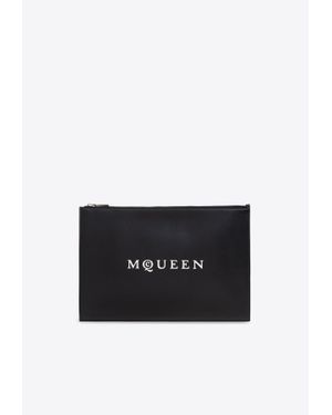 McQueen Logo Print Leather Zip Pouch - White