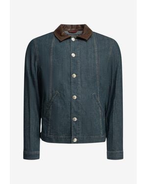 Brunello Cucinelli Leather-Collar Denim Jacket - Blue