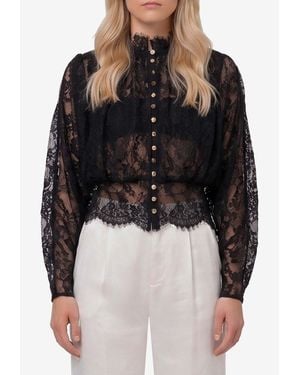 Self-Portrait Sheer Lace High-Neck Blouse - Black