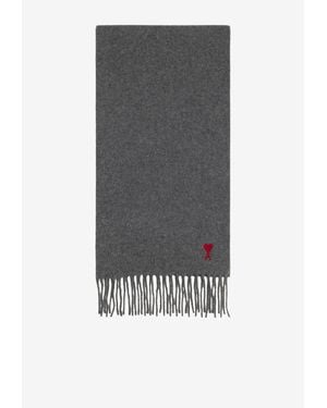 Ami Paris Ami De Coeur Wool Fringe Scarf - Gray