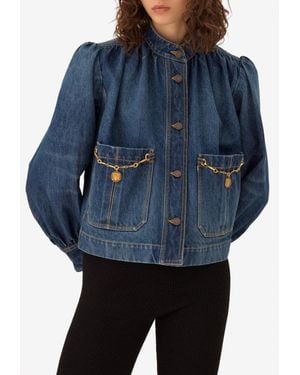 Chloé High-Neck Gathered Denim Jacket - Blue