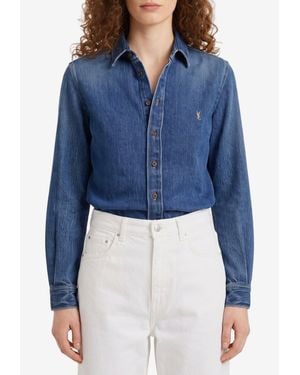 Saint Laurent Cassandre Embroidered Denim Shirt - Blue