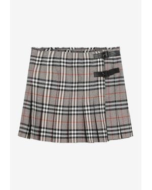Burberry Checked Wool Pleated Mini Skirt - Gray