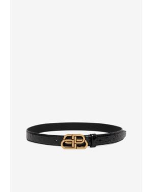 Balenciaga Bb Logo Croc-Embossed Leather Thin Belt - White