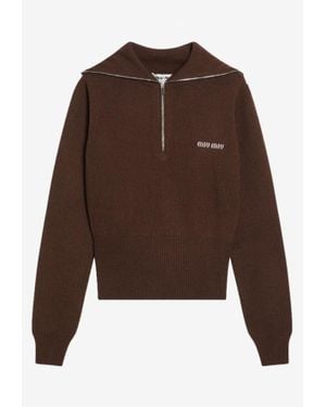 Miu Miu Half-Zip Logo Cashmere Jumper - Brown