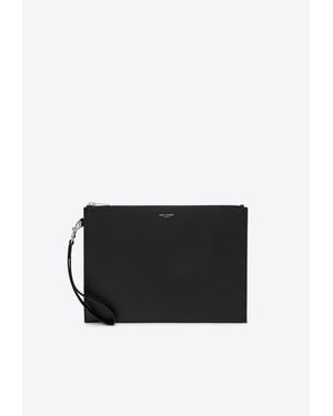 Saint Laurent Grain De Poudre Leather Zipped Pouch - Black