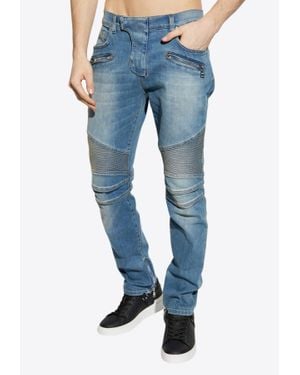 Balmain Slim-Fit Biker Ribbed Jeans - Blue