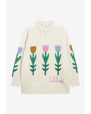 Chloé Oversized Tulip Intarsia Wool Sweater - White