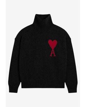 Ami Paris Felted Wool Ami De Coeur Turtleneck Sweater - Black