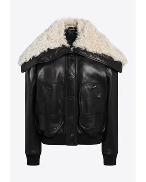 The Attico Shearling Collar Leather Bomber Jacket - Black