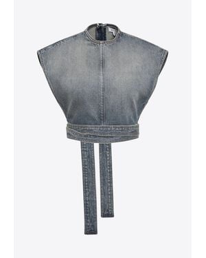 Alaïa Délavé Denim Belted Cropped Top - Gray