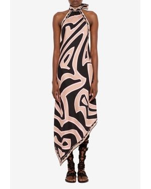 PUCCI Labirinto Print Asymmetric Silk Midi Dress - White