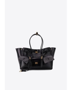 Balenciaga Medium Bel Air Croc-Embossed Leather Tote Bag - Black