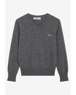 Miu Miu Logo Intarsia V-Neck Sweater - Gray