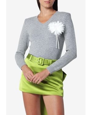 Self-Portrait Flower Applique Knit Sweater With Shoulder Pads - Gray