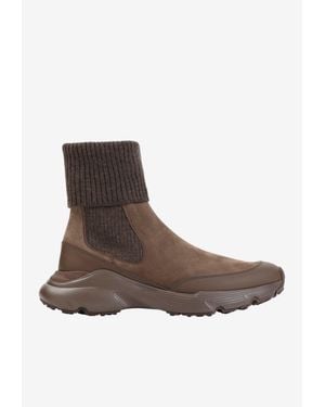 Tod's Suede And Rib Knit Ankle Boots - Brown