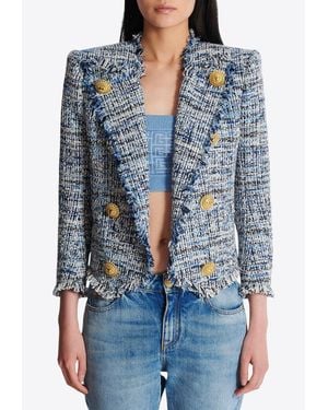 Balmain Cropped Tweed Edge-To-Edge Jacket - Blue