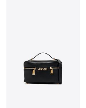 Versace Logo Tag Leather Vanity Bag - Black